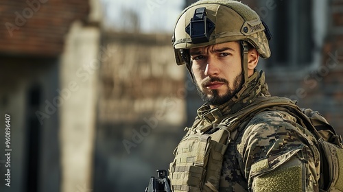 military man in full combat gear, including a helmet and tactical vest, standing ready for action, with a determined look on his face