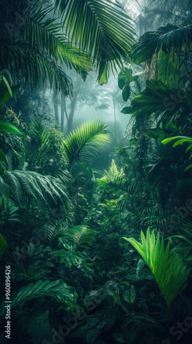 Fototapeta Naklejka Na Ścianę i Meble -  A lush green jungle with a lot of foliage and trees. The jungle is very dense and full of life