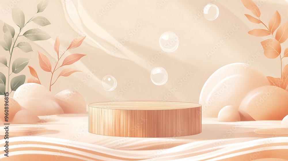 Fototapeta premium Beige Abstract Background with Wooden Platform and Floating Bubbles