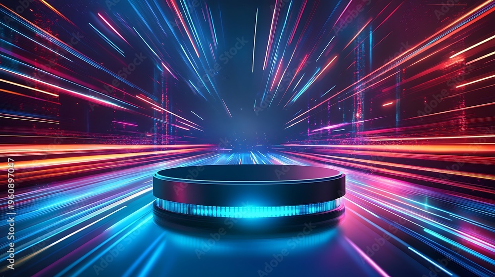 Neon Lights Abstract Background with Platform Neon Lights Abstract Background with Platform