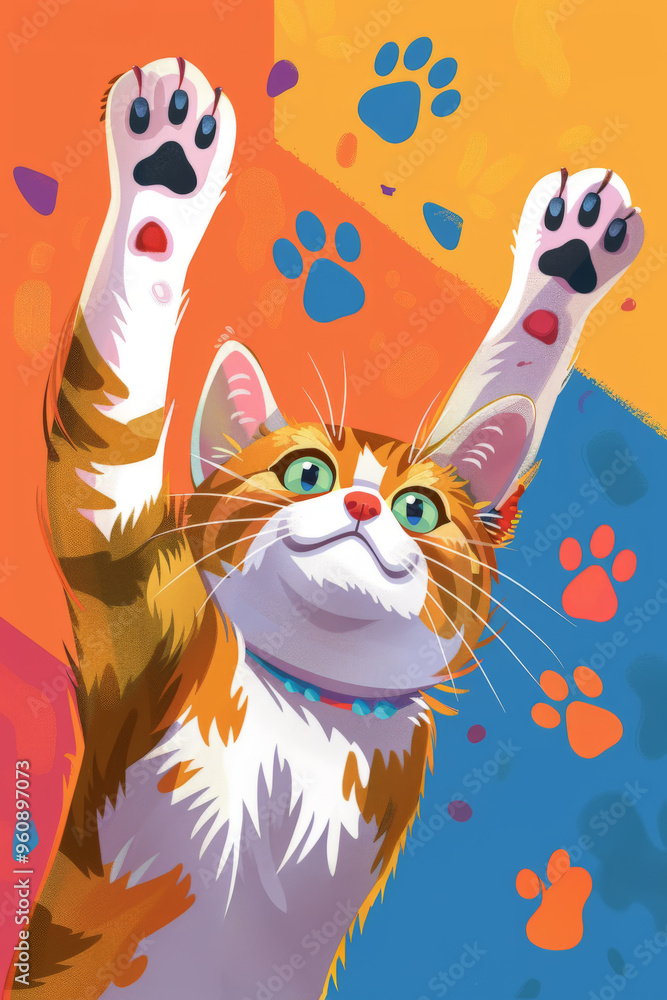 Fototapeta premium Playful Cat Reaching Up with Paw Prints on Bright Background