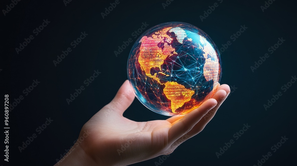 A Visionary Hand Holding a Crystal Ball with a Digital World Map for Global Insights A Visionary Hand Holding a Crystal Ball with a Digital World Map for Global Insights