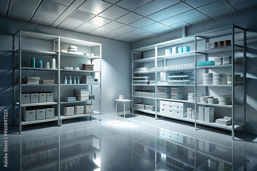 Minimalist medical storage room with neatly arranged medical supplies on white shelves and a single spotlight casting dramatic shadows on the floor. Minimalist medical storage room with neatly arranged medical supplies on white shelves and a single spotlight casting dramatic shadows on the floor.