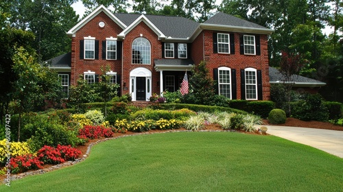 Beautiful Brick House with Landscaped Garden and Green Grass Lawn