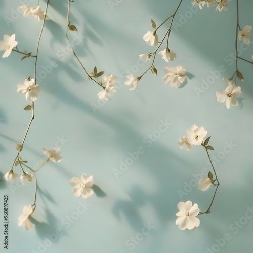 Minimalist and Elegant Floral Wallpaper Design with Tiny Scattered White Jasmine Flowers on a Serene Pale Blue Background