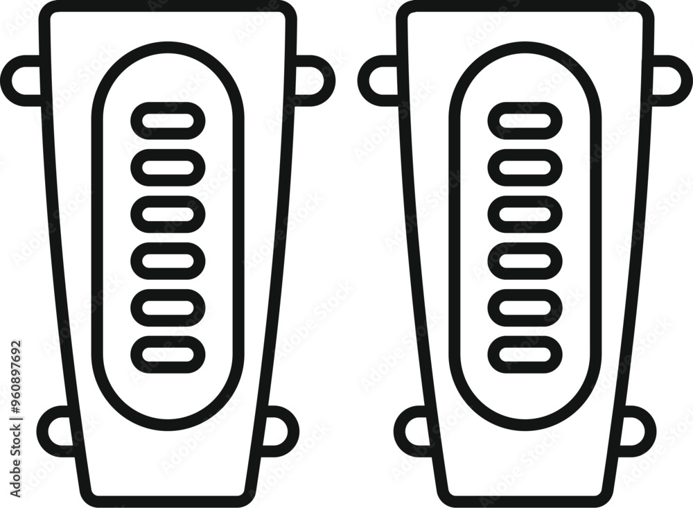Pair of football shin pads protecting player legs icon, outline style Pair of football shin pads protecting player legs icon, outline style