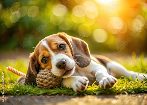 adorable beagle puppy laying on back holding toy playful cute snout tiny paws warm golden light natural outdoor setting joyful innocence photo