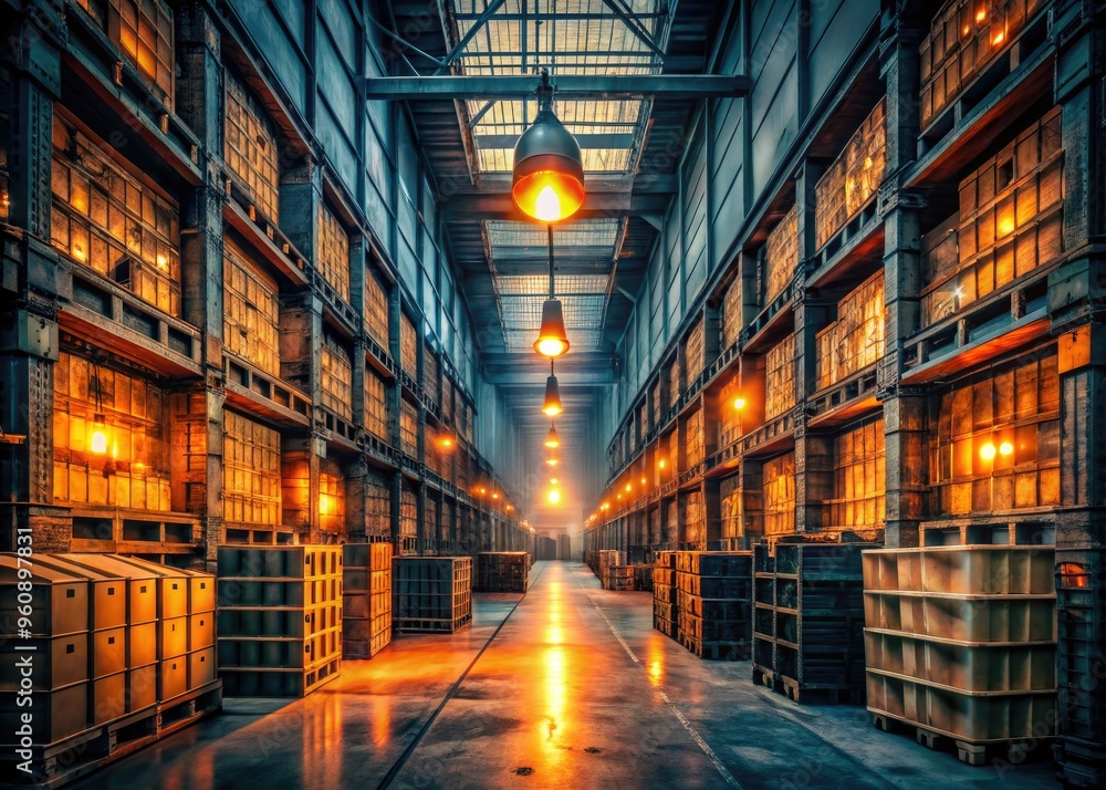 Fototapeta premium moody nighttime factory aisle towering crates dimly lit glowing lanterns orange