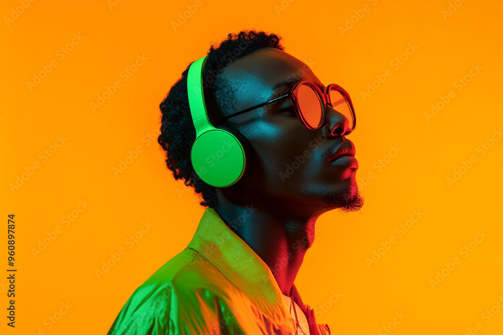 Modern Men in Neon Green Headphones with Solid Neon Orange Background Bold Fashion Portrait Modern Men in Neon Green Headphones with Solid Neon Orange Background Bold Fashion Portrait