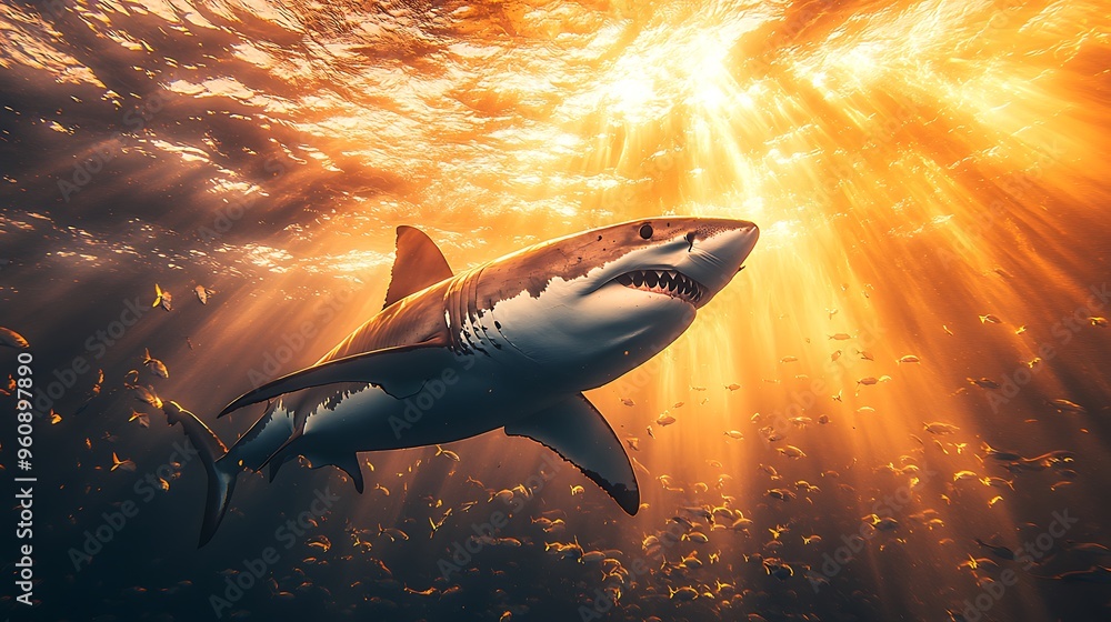A great white shark swims through a school of fish with the sun shining down through the water. A great white shark swims through a school of fish with the sun shining down through the water.