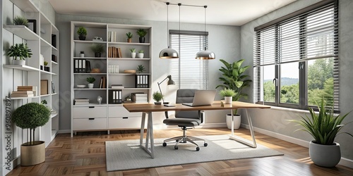 modern minimalist home office sleek clutter free monochromatic decor photo