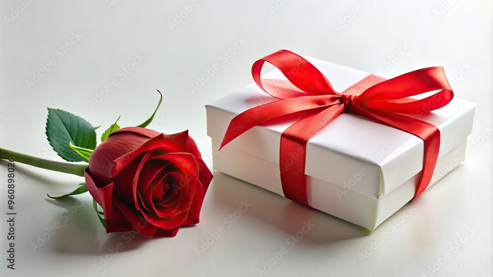 Minimalist white gift box with bold red ribbon and single long stem rose on a clean minimalist white background with high contrast and sharp focus Minimalist white gift box with bold red ribbon and single long stem rose on a clean minimalist white background with high contrast and sharp focus