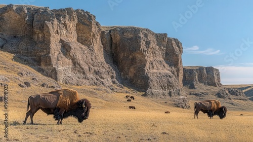 Bison grazing in the shadow of a massive rock formation on the plains, with rugged terrain adding depth and character to the landscape photo