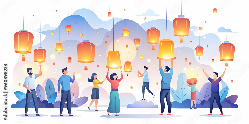 Flat Lantern Festival Celebration in Abstract Glow | Mid Autumn Festival Digital Art with Glowing Lanterns, Vibrant Colors, and Abstract Shapes | Wide Shot Upward Tilt | Simple Flat Vector Illustratio Flat Lantern Festival Celebration in Abstract Glow | Mid Autumn Festival Digital Art with Glowing Lanterns, Vibrant Colors, and Abstract Shapes | Wide Shot Upward Tilt | Simple Flat Vector Illustratio
