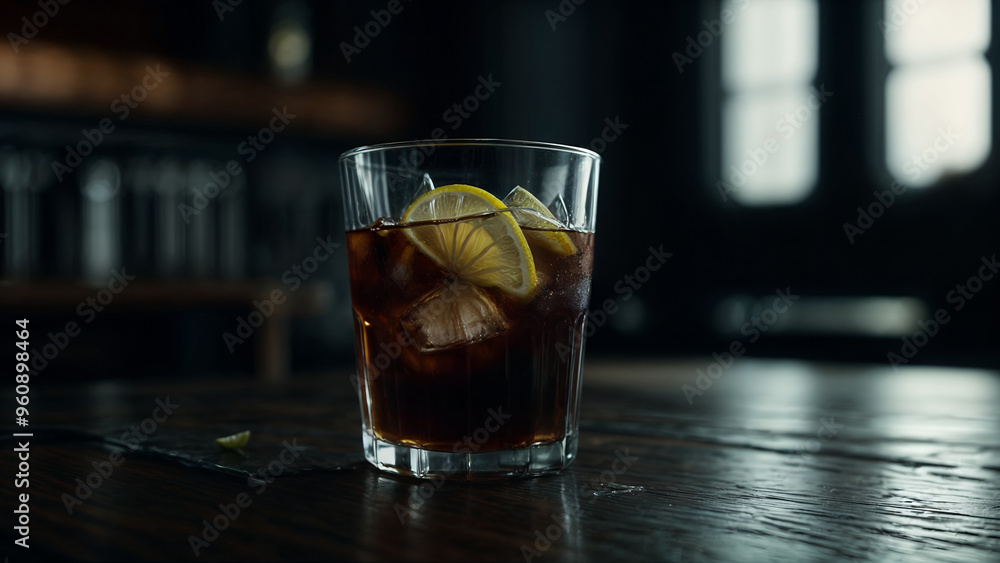 A chilled glass of dark liquid, likely a cocktail with ice cubes and a lemon slice, sits on a wooden surface against a dimly lit bar backdrop, exuding an ambiance of relaxation and sophistication. A chilled glass of dark liquid, likely a cocktail with ice cubes and a lemon slice, sits on a wooden surface against a dimly lit bar backdrop, exuding an ambiance of relaxation and sophistication.