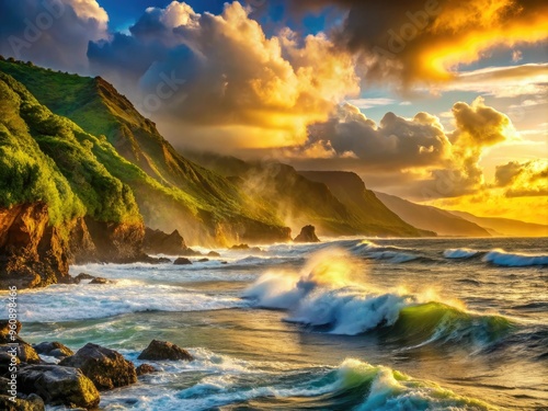 sea spray oceanic waves crashing rugged Molokai coastline dramatic morning golden light soft focus serene tropical paradise