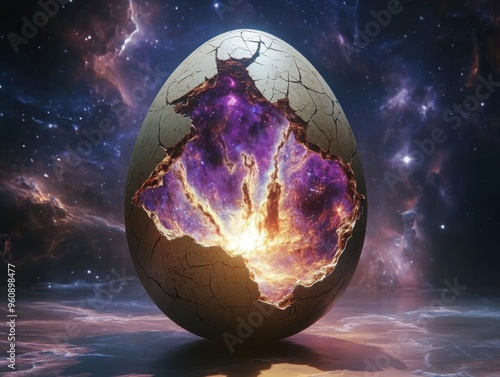 surreal floating egg with cosmic nebula inside cracked shell dark space background photo