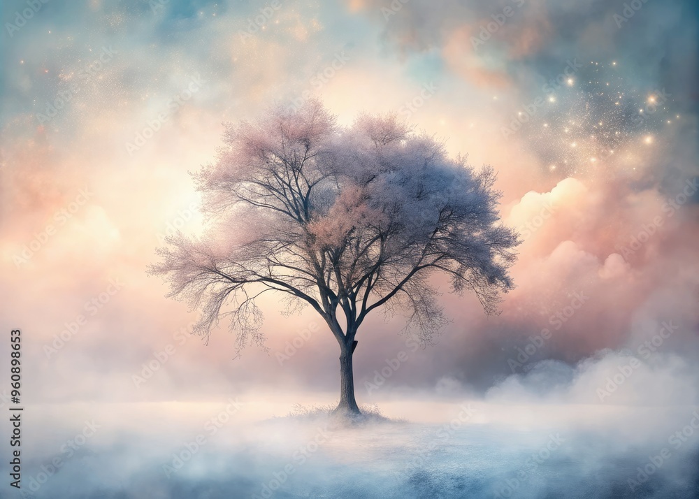 delicate mist wraps around isolated tree grey branches stretching towards soft pink watercolour background evoking ethereal mystical atmosphere delicate mist wraps around isolated tree grey branches stretching towards soft pink watercolour background evoking ethereal mystical atmosphere