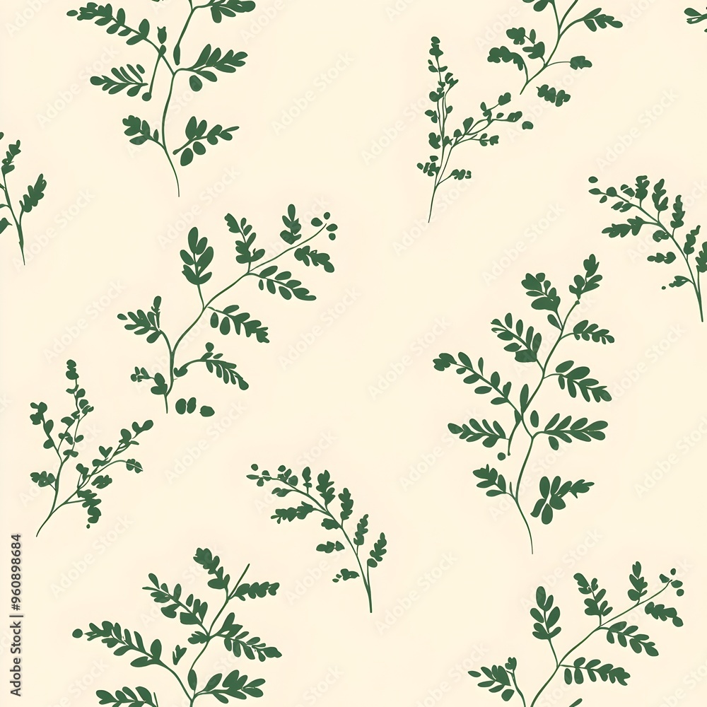 Elegant Minimalist Floral Wallpaper Design with Tiny Widely Spaced Green Fern Leaves on a Serene Light Cream Colored Background Elegant Minimalist Floral Wallpaper Design with Tiny Widely Spaced Green Fern Leaves on a Serene Light Cream Colored Background