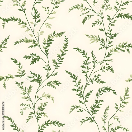 Minimalist floral wallpaper design featuring a repeating pattern of tiny widely spaced green fern leaves on a light cream background  This stylized botanical has a tranquil and serene aesthetic