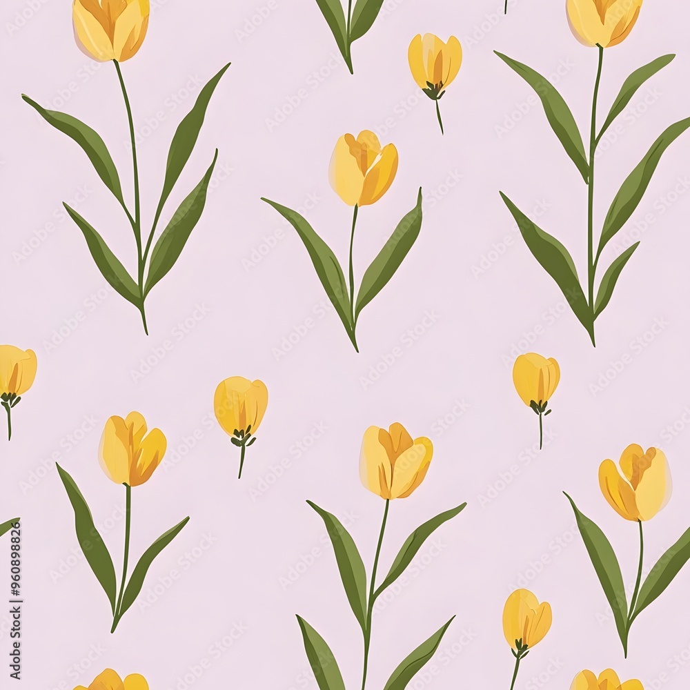 Minimalist and elegant floral wallpaper design featuring a delicate pattern of small yellow tulips scattered across a pale lavender background with a clean geometric style Minimalist and elegant floral wallpaper design featuring a delicate pattern of small yellow tulips scattered across a pale lavender background with a clean geometric style