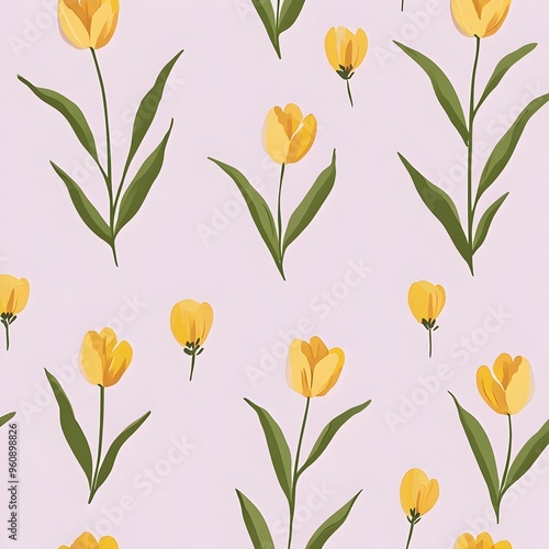 Wallpaper Mural Minimalist and elegant floral wallpaper design featuring a delicate pattern of small yellow tulips scattered across a pale lavender background with a clean geometric style Torontodigital.ca