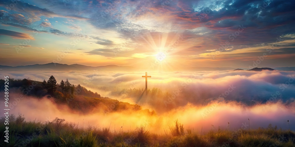 Ethereal denied cross in dreamy misty atmosphere with warm pastel colors and soft focus in surreal landscape Ethereal denied cross in dreamy misty atmosphere with warm pastel colors and soft focus in surreal landscape