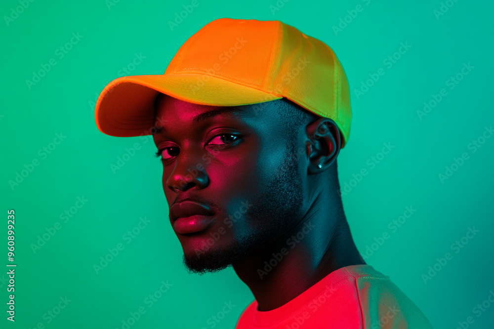 Stylish Men in Neon Orange Cap with Solid Neon Green Background Bold Lifestyle Portrait Stylish Men in Neon Orange Cap with Solid Neon Green Background Bold Lifestyle Portrait