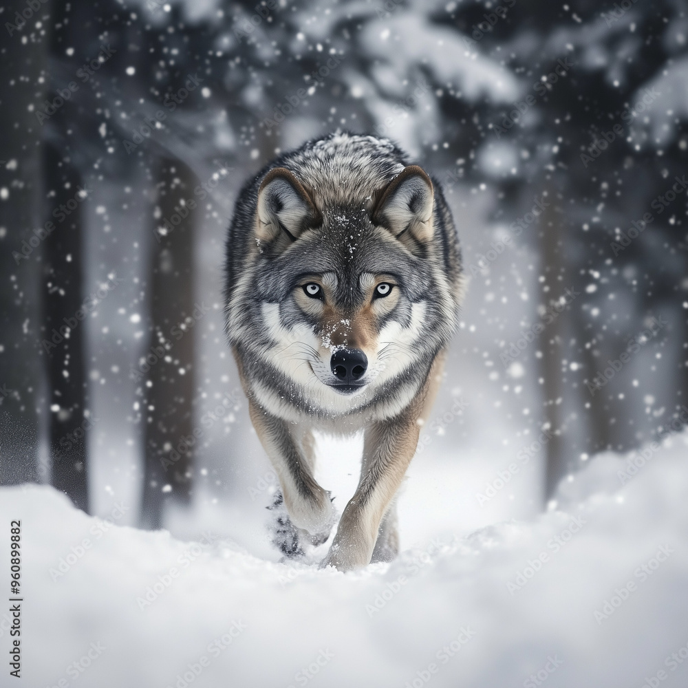 Wolf in the Snow: Gray Wolf with Piercing Eyes Walking in a Snow-Covered Field with Snowy Pine Trees Wolf in the Snow: Gray Wolf with Piercing Eyes Walking in a Snow-Covered Field with Snowy Pine Trees