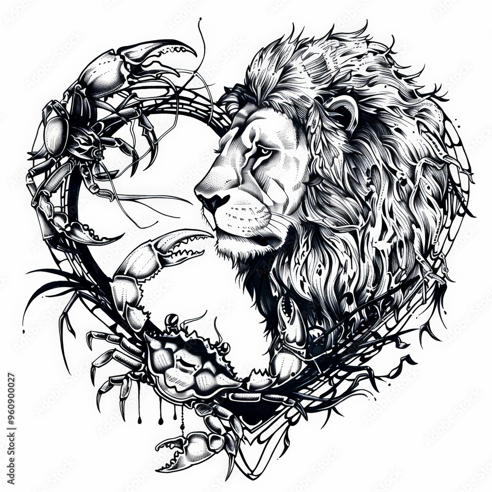 Obraz premium lion, crab, heart, vector, animal, head, lion, tattoo, cat, face, illustration, wild, art, logo, design, black, tribal, mammal, silhouette, predator, feline, symbol, power, drawing, mascot, wildlife, 