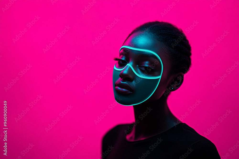 Fashionable Woman in Neon Teal Face Mask with Solid Neon Pink Background Trendsetting Portrait Fashionable Woman in Neon Teal Face Mask with Solid Neon Pink Background Trendsetting Portrait