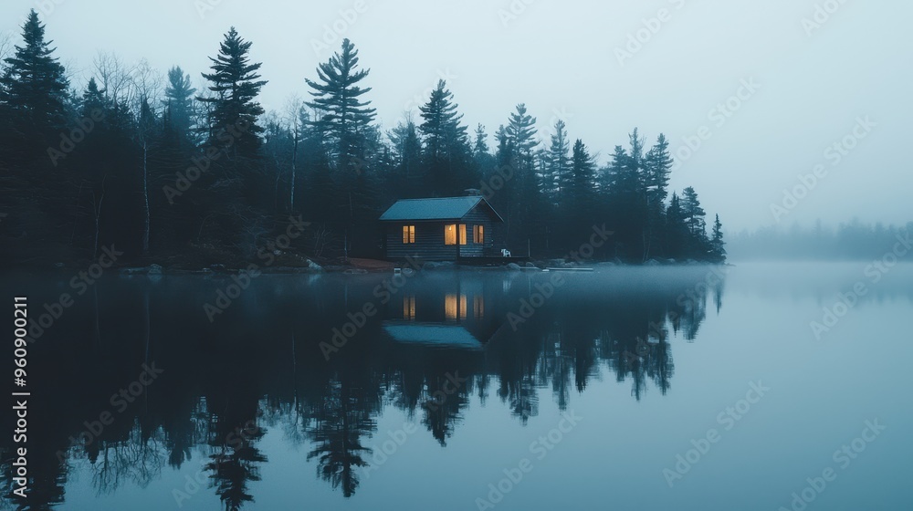 Obraz premium Cabin on Lake with Fog and Reflections