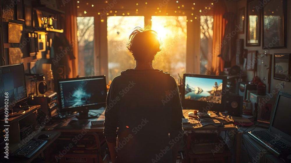 A person stands at their computer desk in front of a window with the sun setting in the distance. A person stands at their computer desk in front of a window with the sun setting in the distance.