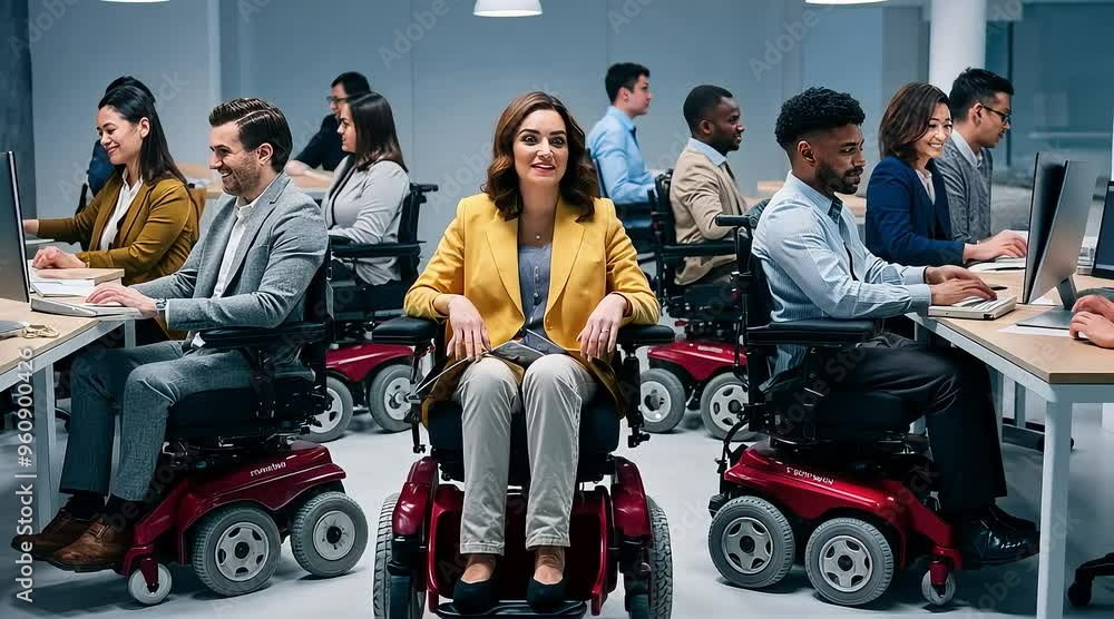 Motorized wheelchairs in a business setting enhance mobility and independence, promoting productivity and inclusivity Motorized wheelchairs in a business setting enhance mobility and independence, promoting productivity and inclusivity