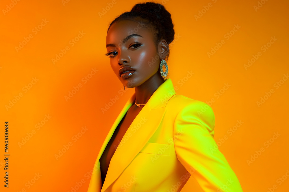 Obraz premium Fashionable Woman in Electric Yellow Suit with Solid Neon Orange Background Bold Lifestyle Portrait