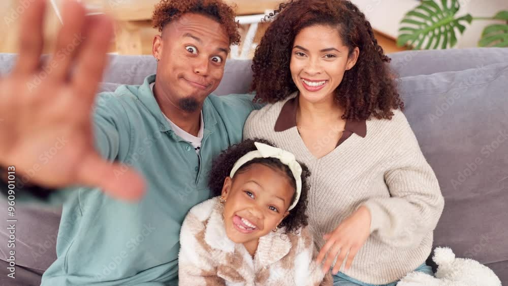 Selfie, parents and child with happiness in family home on weekend for bonding, together and love in living room. Woman, man and kid with photography for support, care or memory with funny expression Selfie, parents and child with happiness in family home on weekend for bonding, together and love in living room. Woman, man and kid with photography for support, care or memory with funny expression