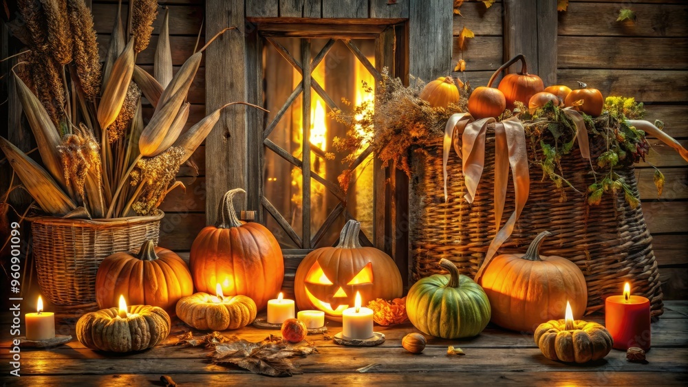 Obraz premium Flickering candlelit jack-o-lanterns on a rustic wooden porch surrounded by dried corn husks and vines with warm orange and yellow hues in a cozy autumn evening