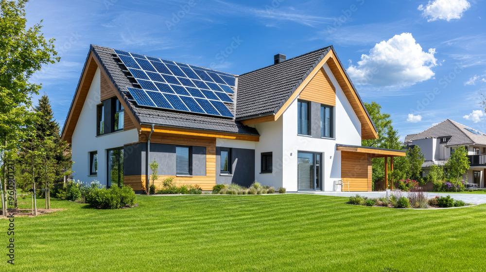 Modern eco friendly house with solar panels and green lawn under blue sky Modern eco friendly house with solar panels and green lawn under blue sky