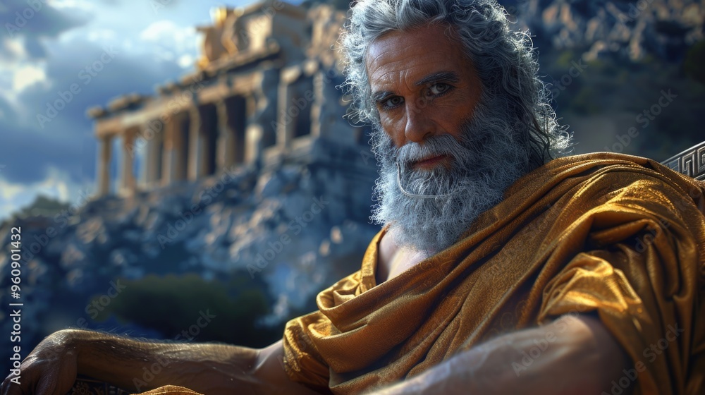 Obraz premium Supreme Deity: Zeus, Greek god of heavens, thunder and lightning, ruler of cosmos, chief of Olympian gods, equated with Jupiter in Roman mythology, embodying ultimate power, dominion over the world.