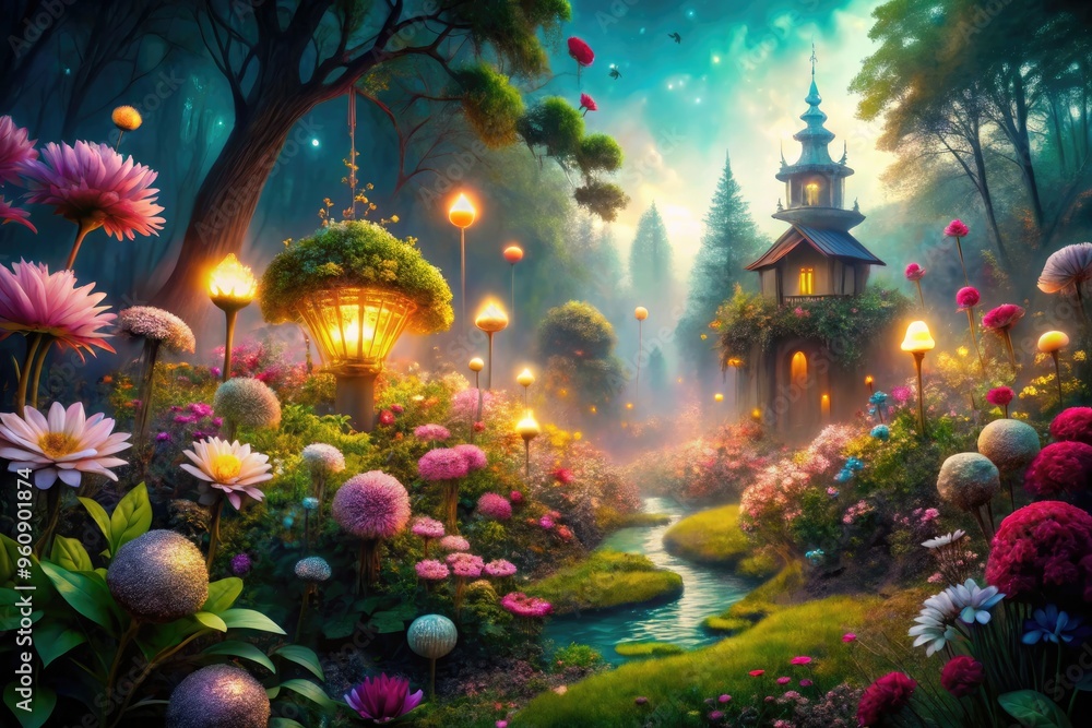 Obraz premium whimsical fantasy dreamworld vibrant colors glowing luminescent flowers lush greenery ethereal misty atmosphere magic mystery wonder imagination