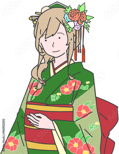お正月の着物を着た女性のイラスト