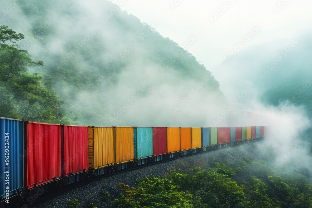 Freight train with colorful containers winding through misty valley Freight train with colorful containers winding through misty valley