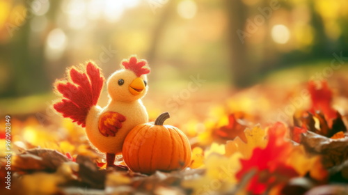 Little chicken in autumn forest. Felt toy turkey character with a pumpkin on blurred background with copy space. For Thanksgiving poster, card, invitation