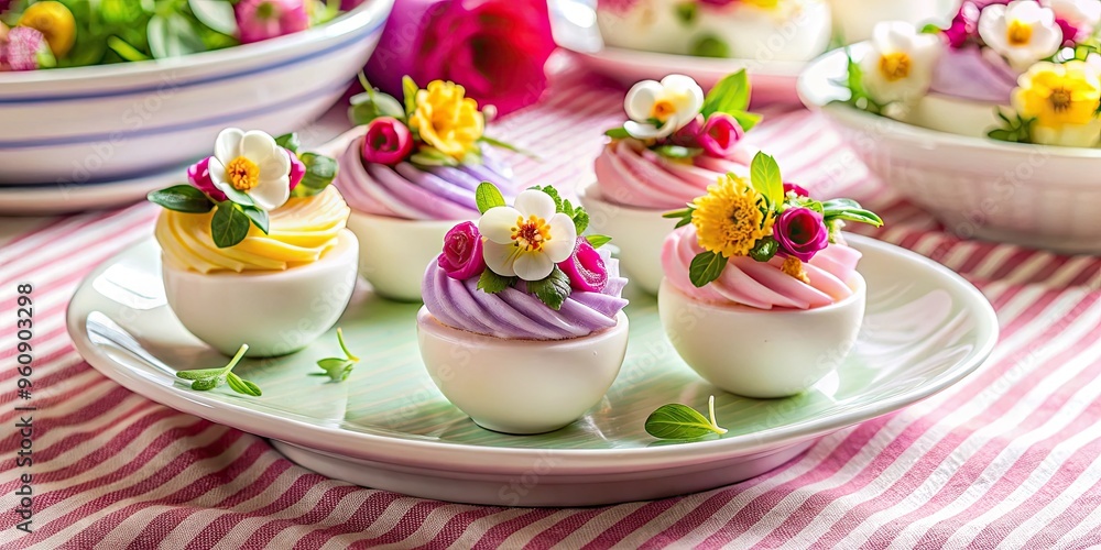 whimsical spring breakfast setup featuring deviled eggs with edible flowers and a miniature vase on a pastel pink and white striped tablecloth whimsical spring breakfast setup featuring deviled eggs with edible flowers and a miniature vase on a pastel pink and white striped tablecloth