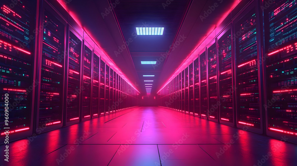 Futuristic Server Room with Pink and Blue Neon Lights Futuristic Server Room with Pink and Blue Neon Lights