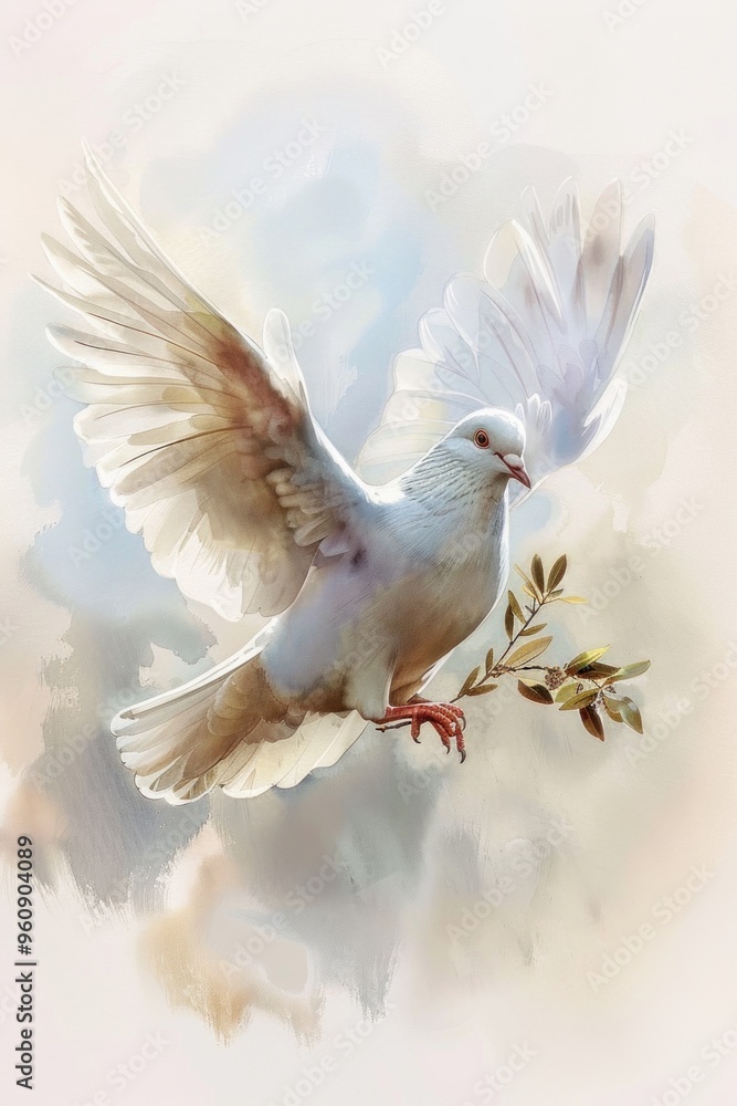 Fototapeta premium A beautiful dove in flight, carrying an olive branch, depicted against a soft, pastel sky, symbolizing peace and hope.