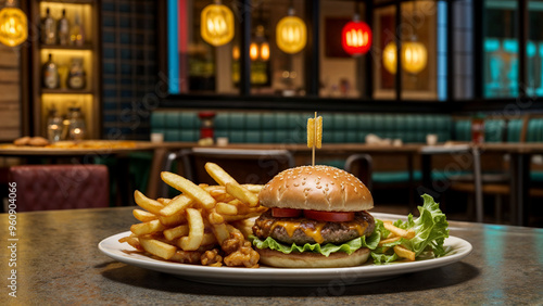 A succulent burger with lettuce and tomato, accompanied by golden fries, is presented on a plate in a cozy diner setting, evoking a casual dining experience.