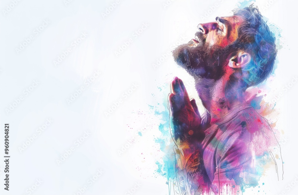 Obraz premium A colorful digital art portrait of a bearded man praying intensely, rendered in vibrant watercolor splashes. Spiritual awakening: man in prayer.