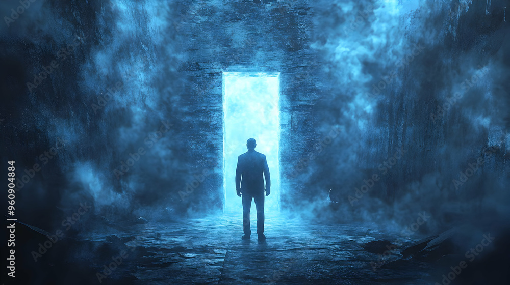 Man Standing in Front of a Glowing Doorway in a Mystical Cave Man Standing in Front of a Glowing Doorway in a Mystical Cave