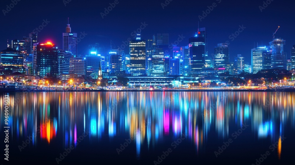 Night Cityscape with Skyscrapers Reflected in Water Night Cityscape with Skyscrapers Reflected in Water